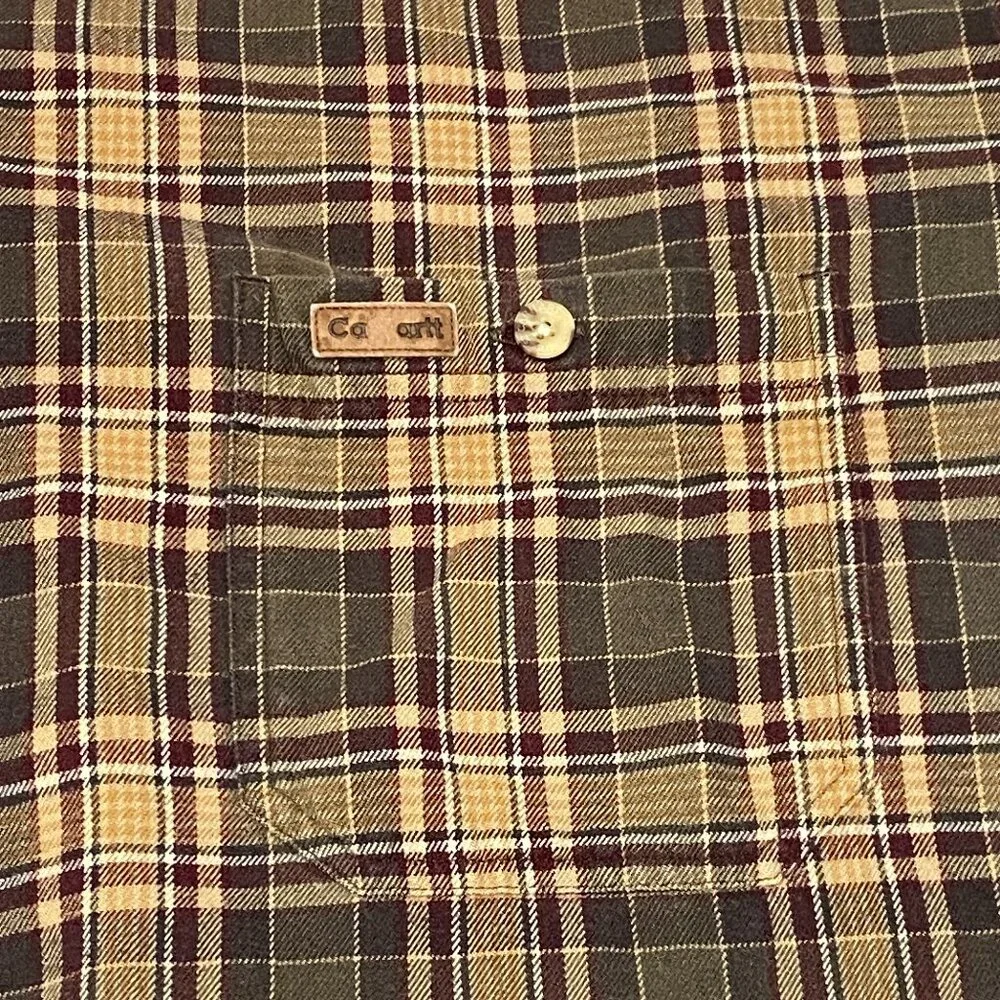 Carhartt Plaid Flannel Shirt 2XLT Brown Rust Long Sleeve Brushed Cotton Workwear - Picture 12 of 14